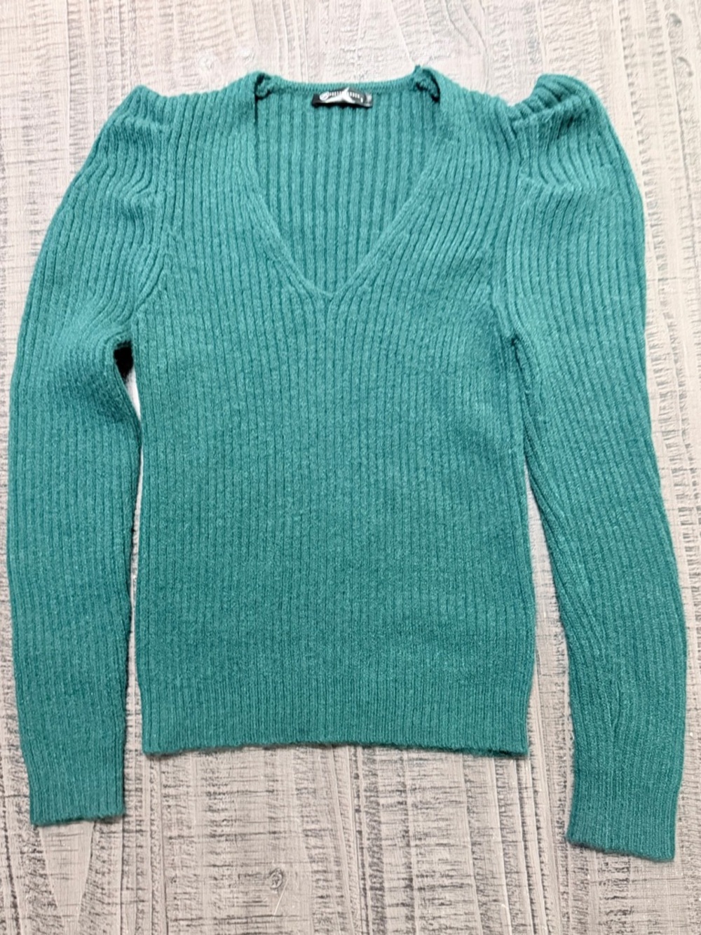 Ribbed V-Neck Sweater in Teal Green